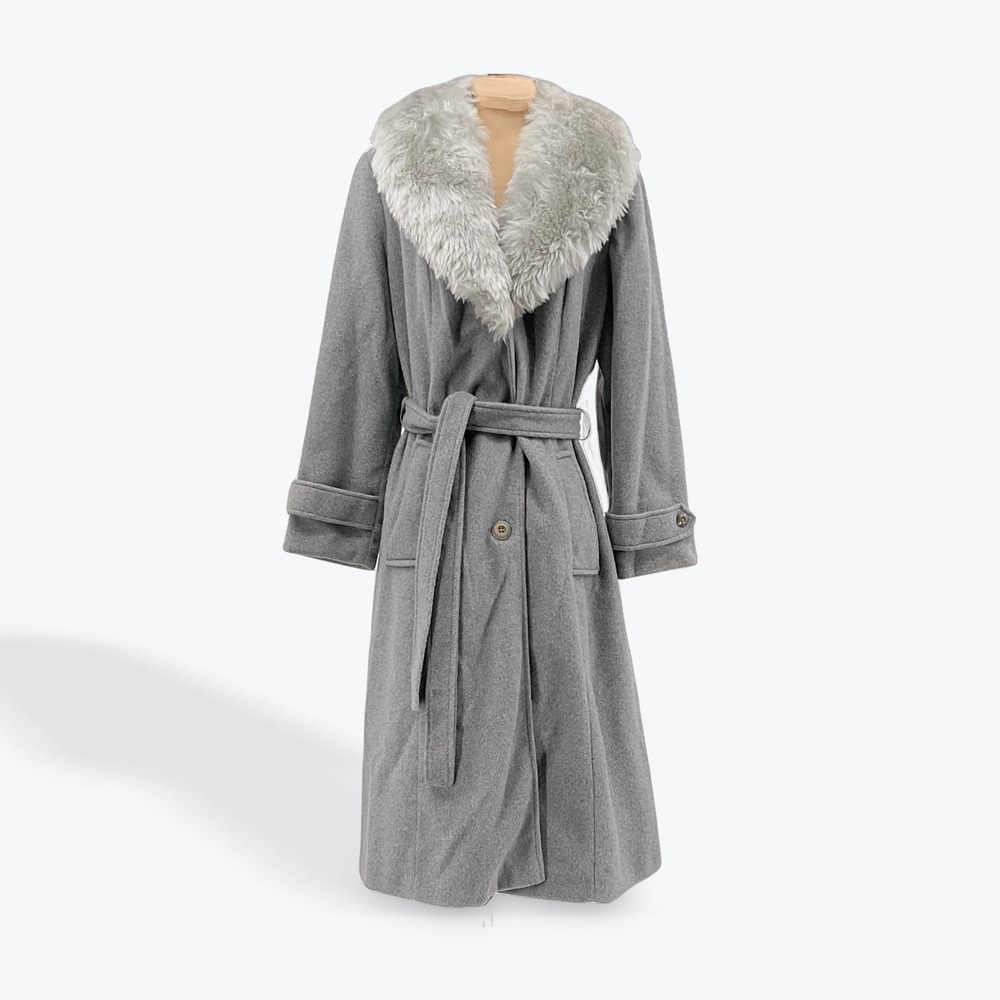 Vintage '60s/70s Sears Fashions Grey Wool Blend Maxi Coat with Fur Collar Belted
